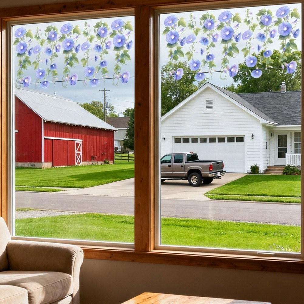 Blue Morning Glory Vine Static Cling PVC Window Decal Modern Minimalist 2PCS