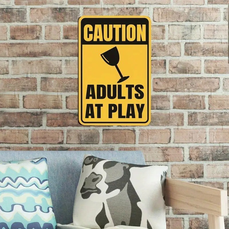 Caution Adults at Play Sticker – Humorous Yellow Warning Sign Decal – Bar Decor