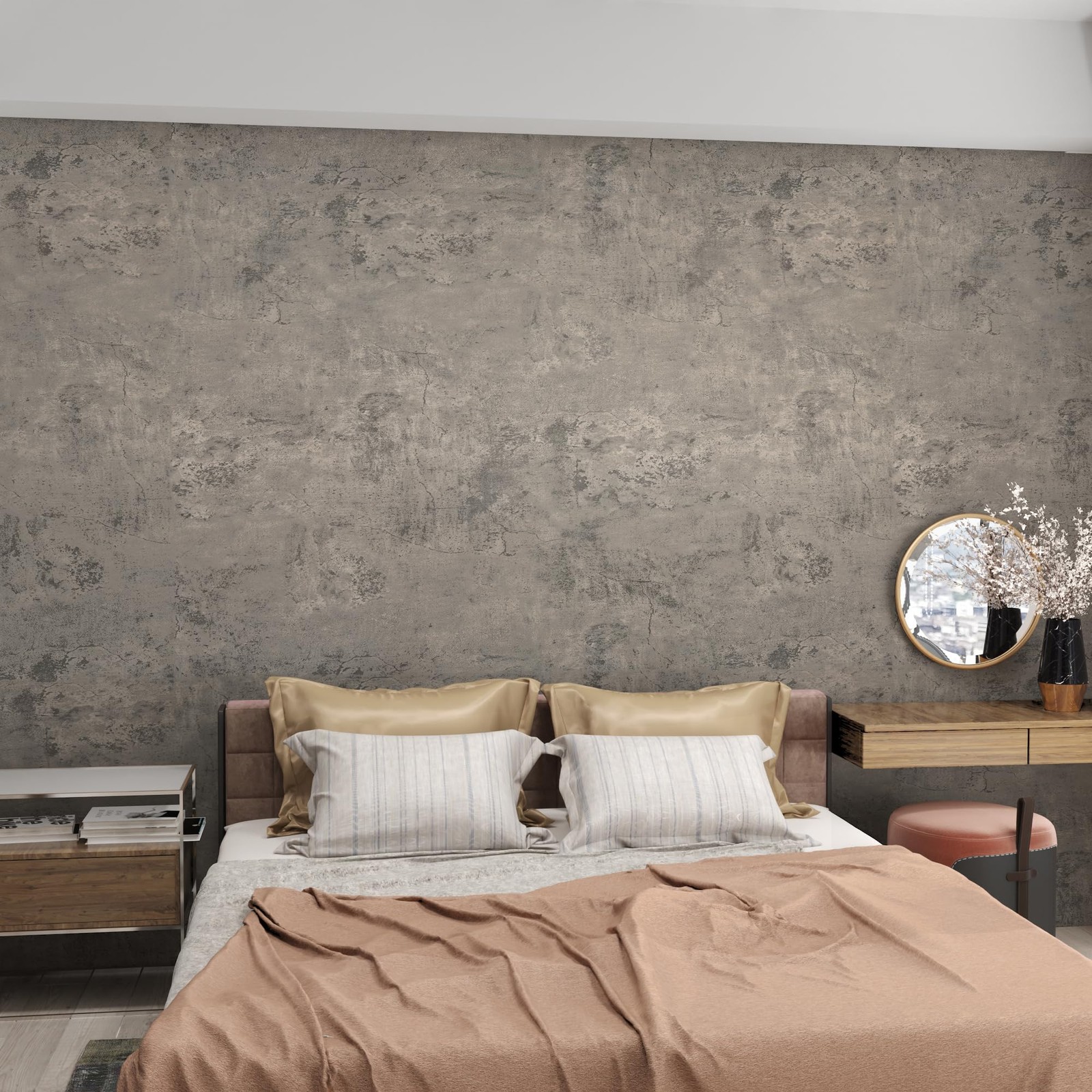 16″×118″ Thick Light Brown Grey Concrete Waterproof Gray Concrete Wallpaper P…