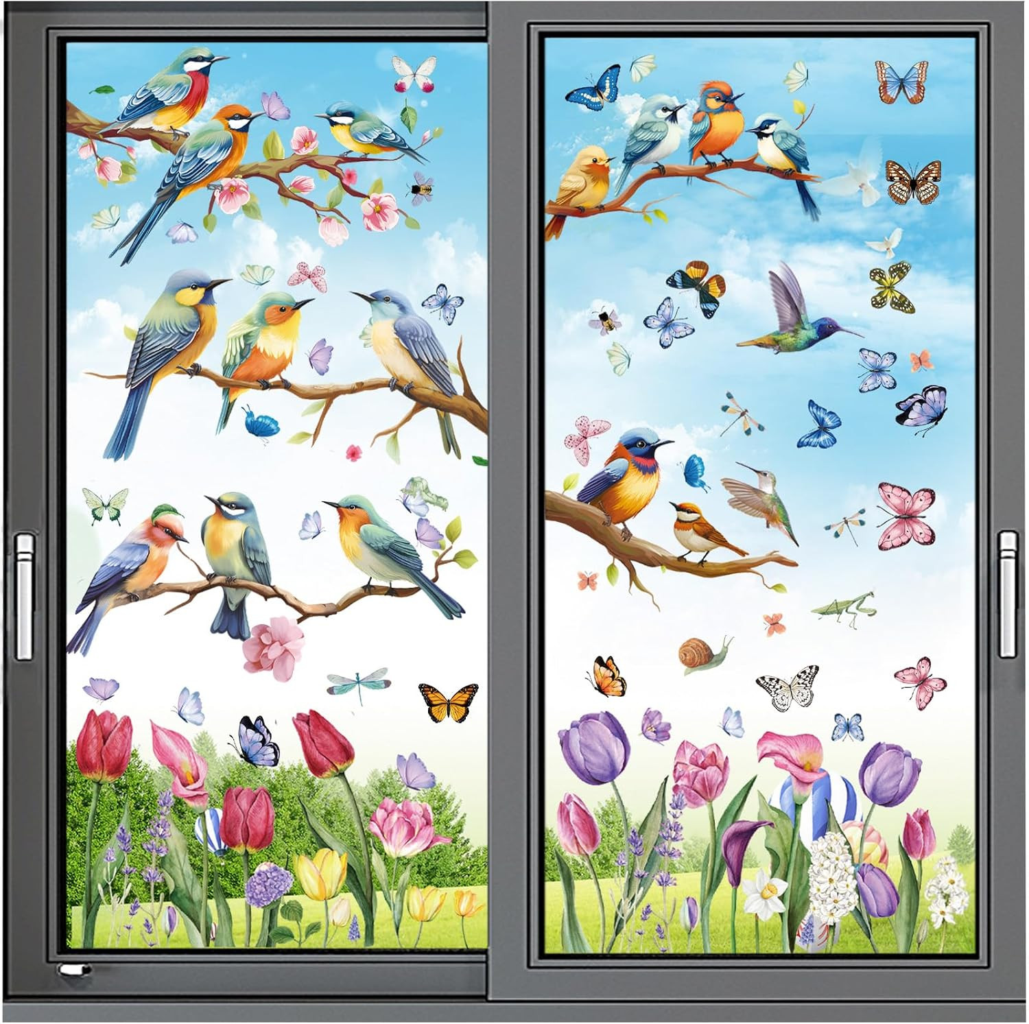 Spring Window Cling Sticker – 78PCS Tulip Butterfly Flower Hummingbirds Window