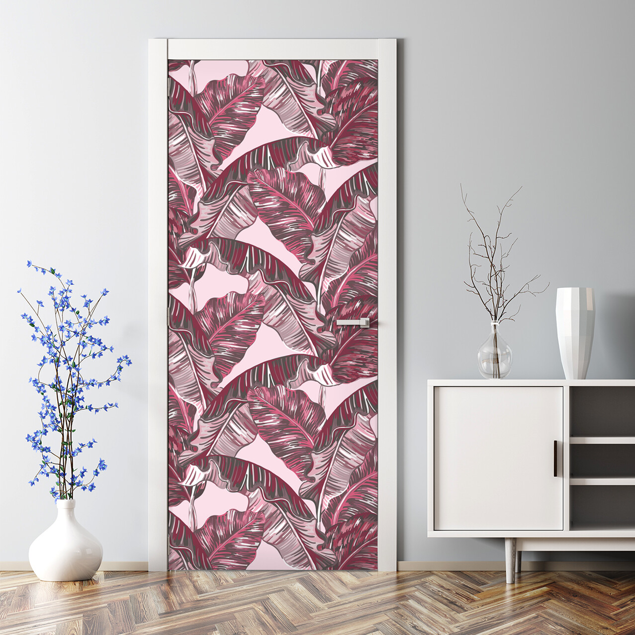 Pink Tropical Palm Leaves paper Banana Leaf Covering Bubble Free Door Decal
