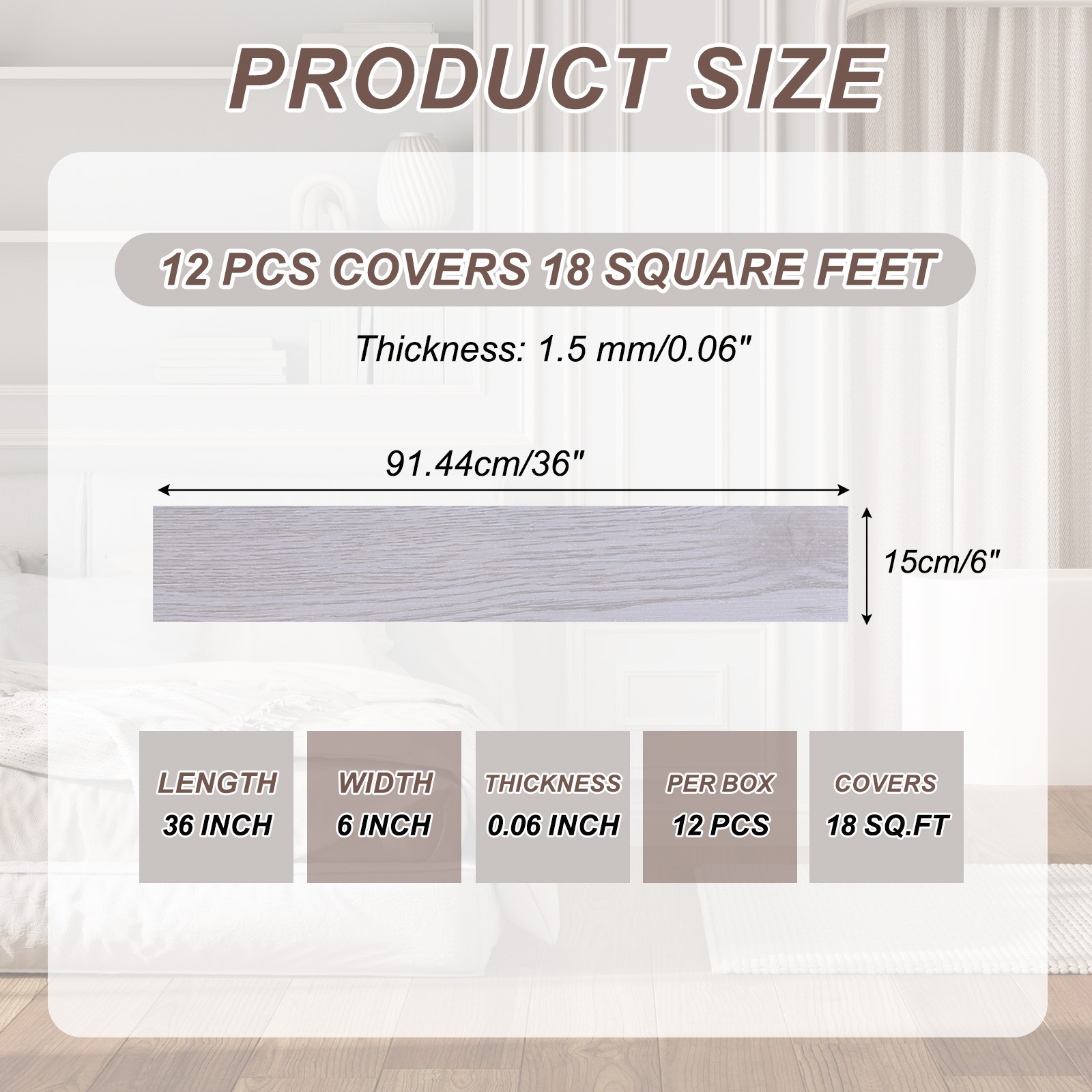 12pcs Peel and Stick Floor Tile 36 x 6″ PVC Wood Plank Flooring,Creamy White