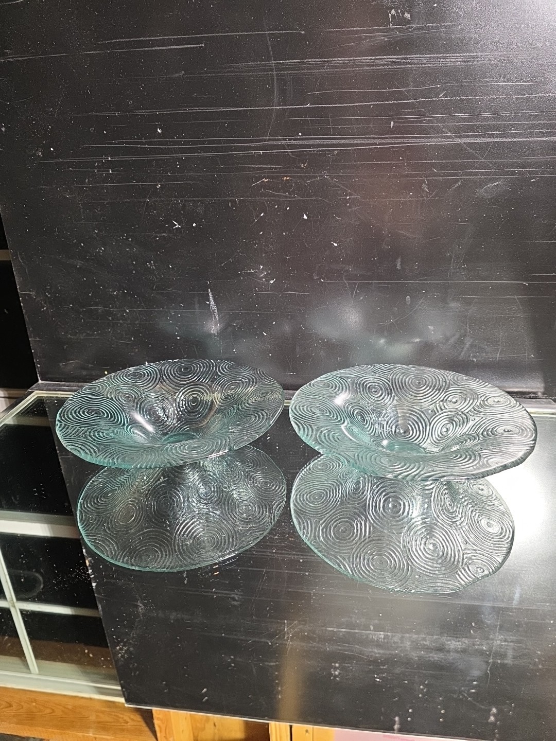 Vintage Clear Glass Pedestal Bowl Concentric Swirl Spiral Textured Art Glass 9″