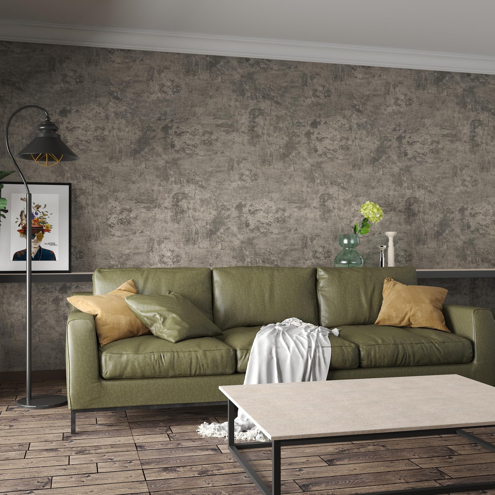 16″×591″ Light Brown Grey Concrete Wallpaper Peel and Stick 3D Industrial Cem…