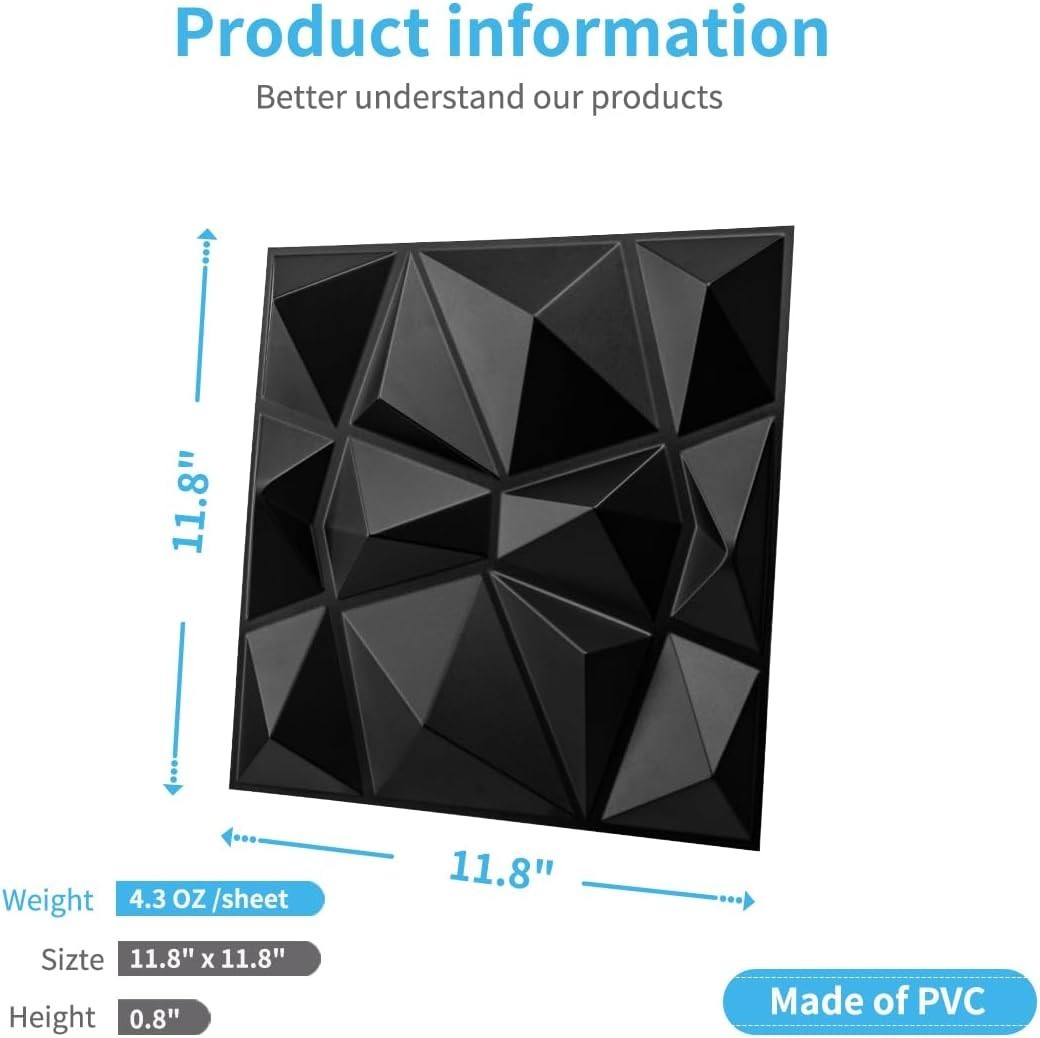 Decorative 3D Wall Panels in Diamond Design, 12″x12″ Matt Black for Home and …