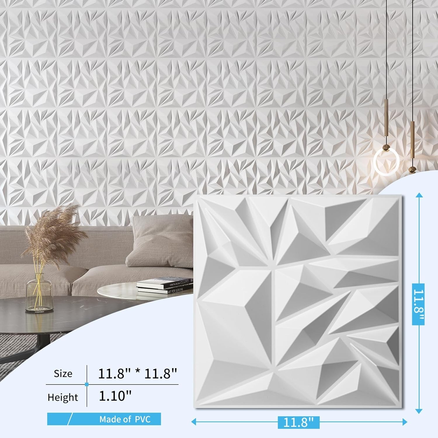 3D Wall Panels 33 Pack 12×12 PVC Textured Accent Wall Diamond Design Wall Decor