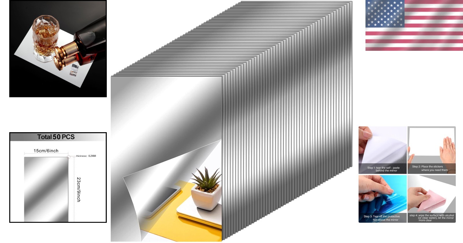 50 Flexible Mirror Sheets Adhesive Stickers for Home Decor#