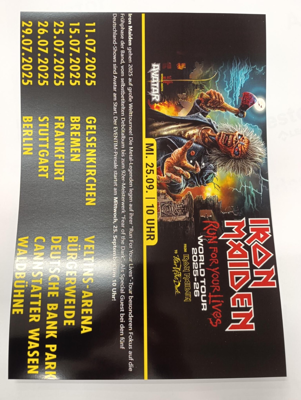 Iron Maiden Poster Run For Your Lives Tour 2025 – 2026 Berlin London UK Dutch