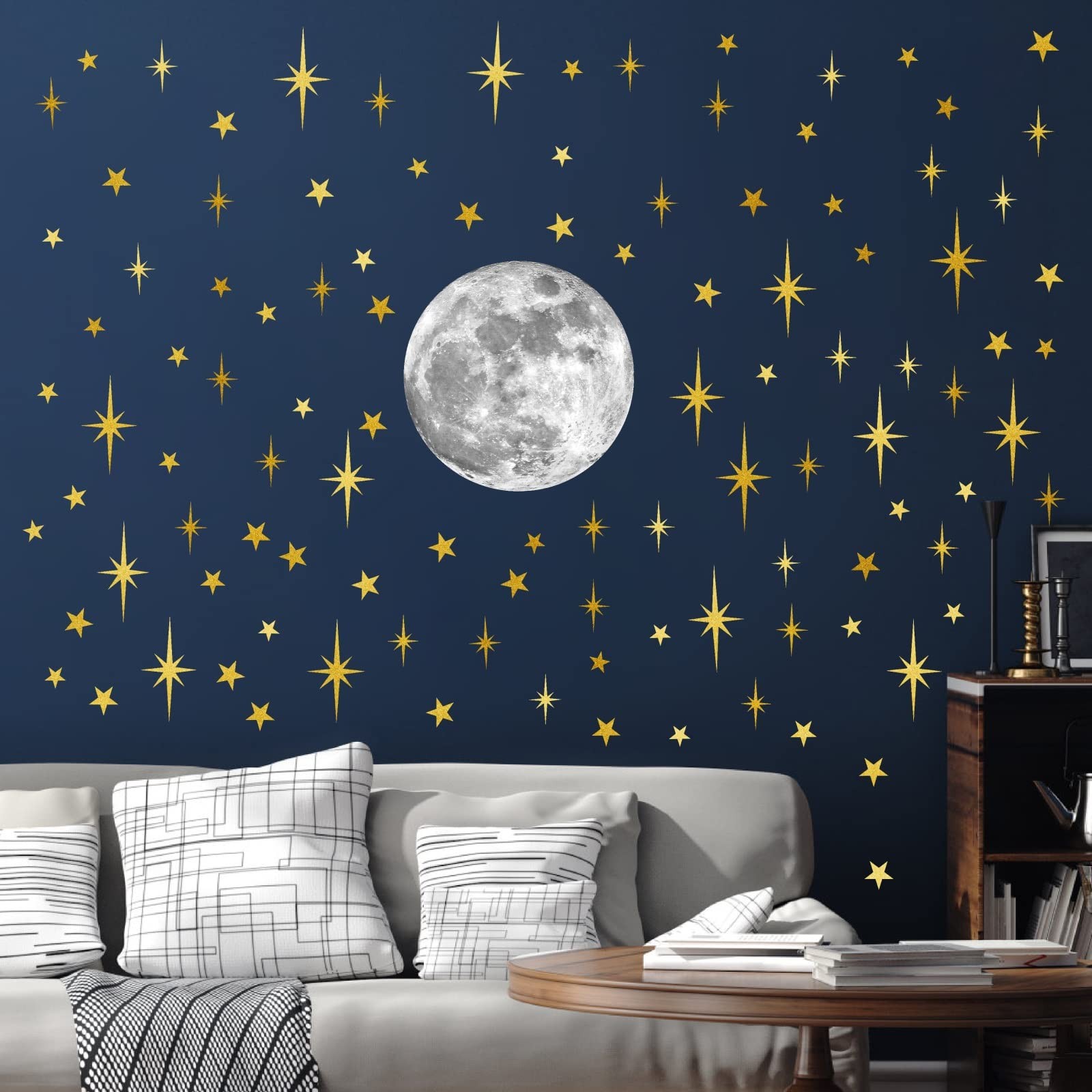 Moon and Stars Wall Decal Moon Wall Sticker Gold Star Decals Peel and Stick W…