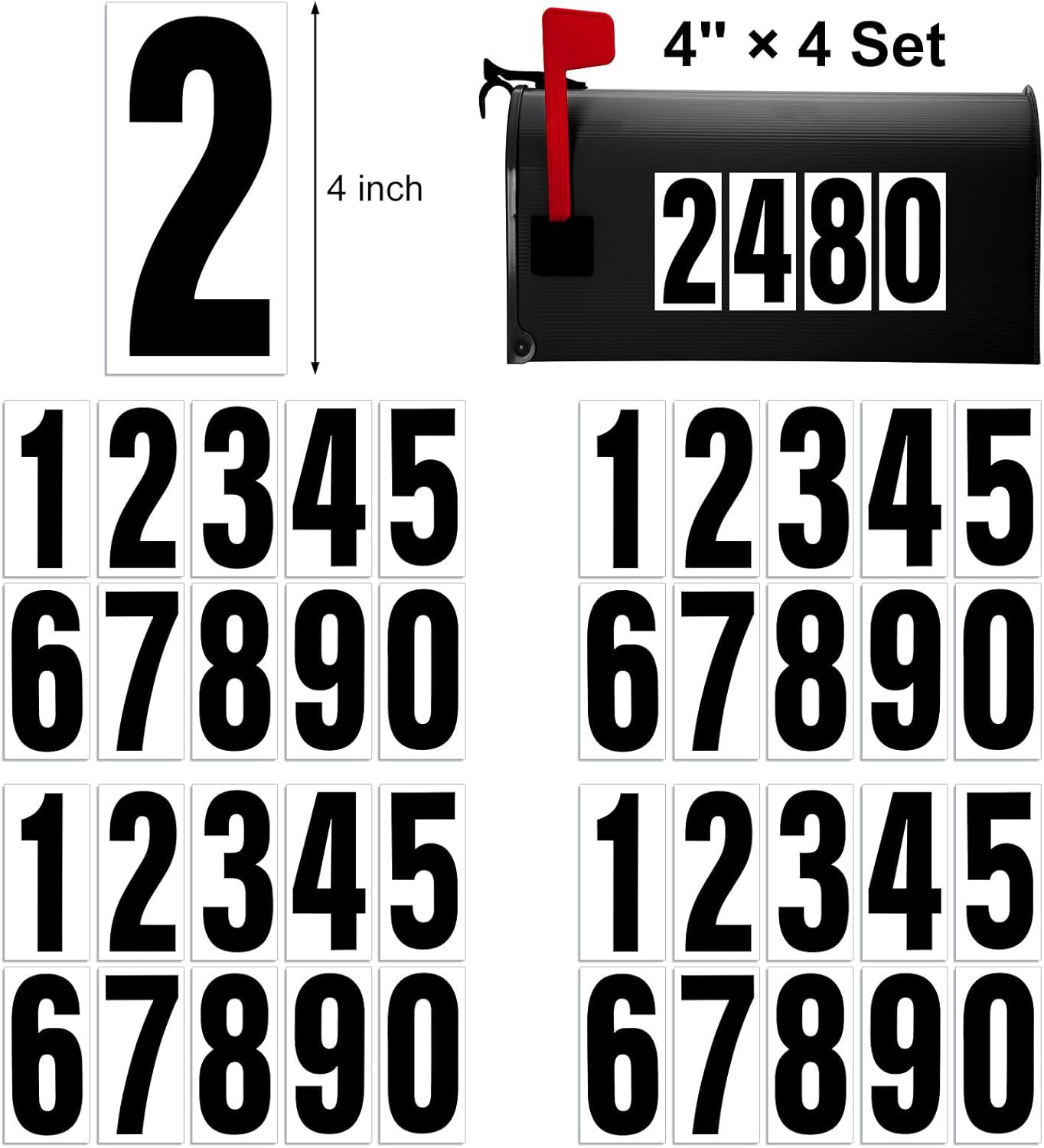 Reflective Number Stickers, 4 Sets 4 Inch Vinyl Waterproof Black Mailbox Numbers