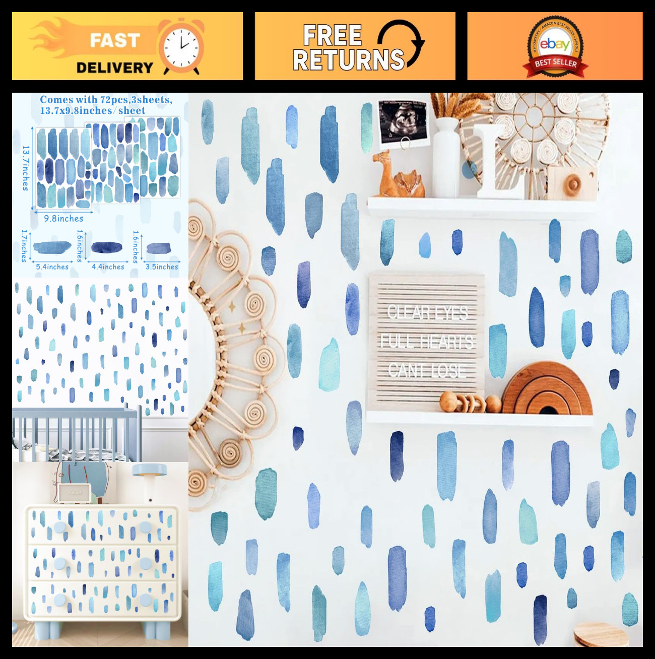 Boho Watercolor Wall Stickers – Removable Blue Stripes Decals for Kids’ Room, Nu