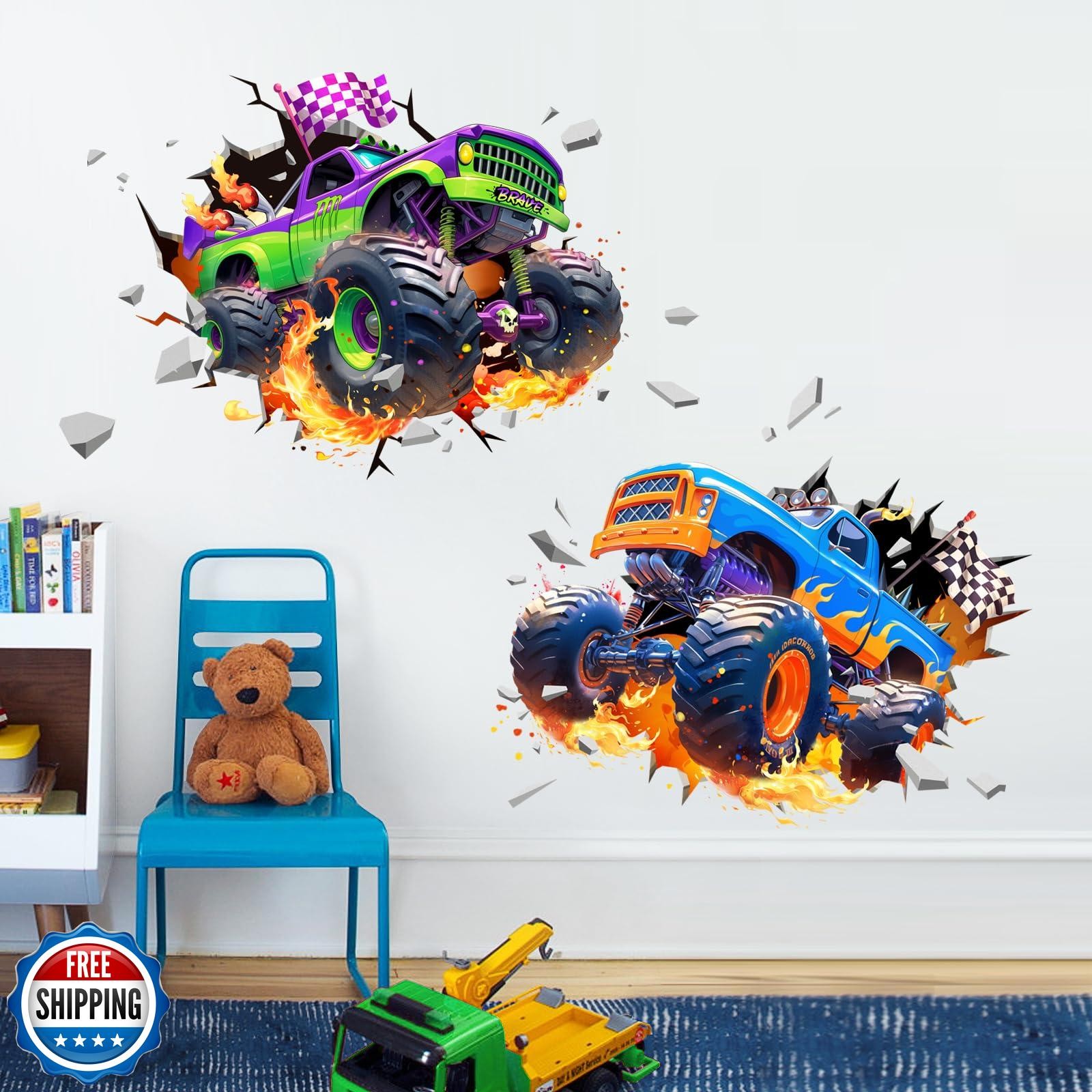 3D Racing Car Wall Decals, Truck Vehicles Wall Stickers Peel and Stick Decal