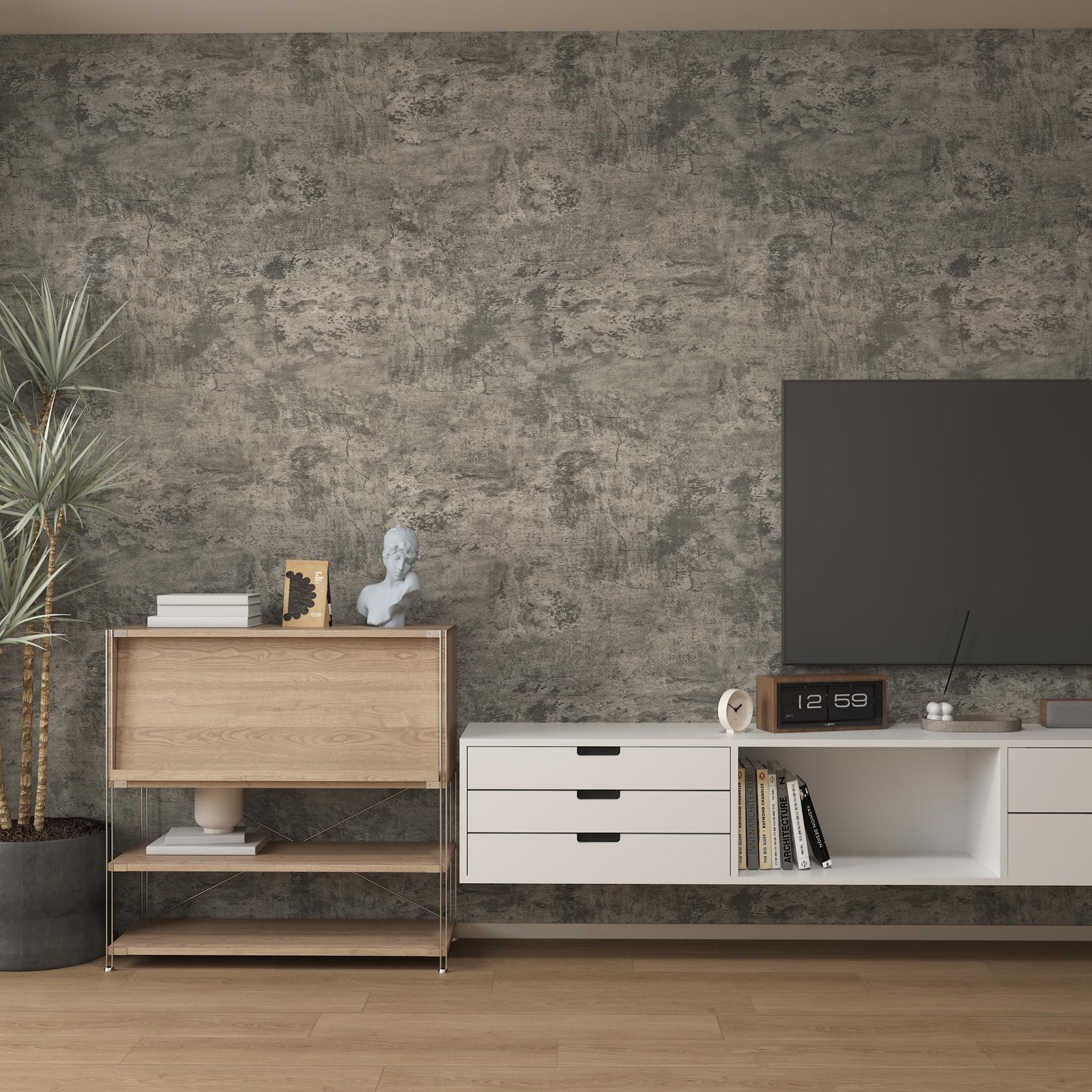16″×591″ Light Brown Grey Concrete Wallpaper Peel and Stick 3D Industrial Cem…