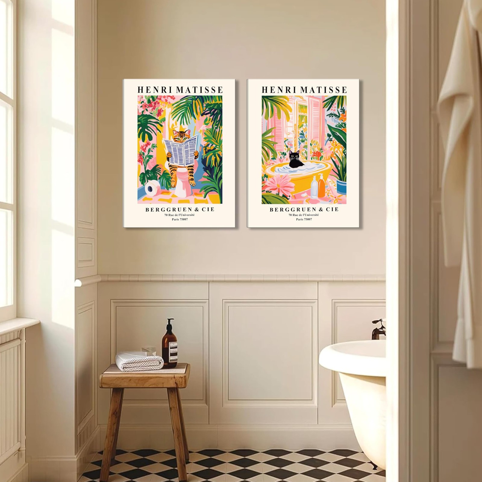 Funny Bathroom Wall Art Set of 2, Matisse Black Cat Wall Decor, Cute Tabby Ca…