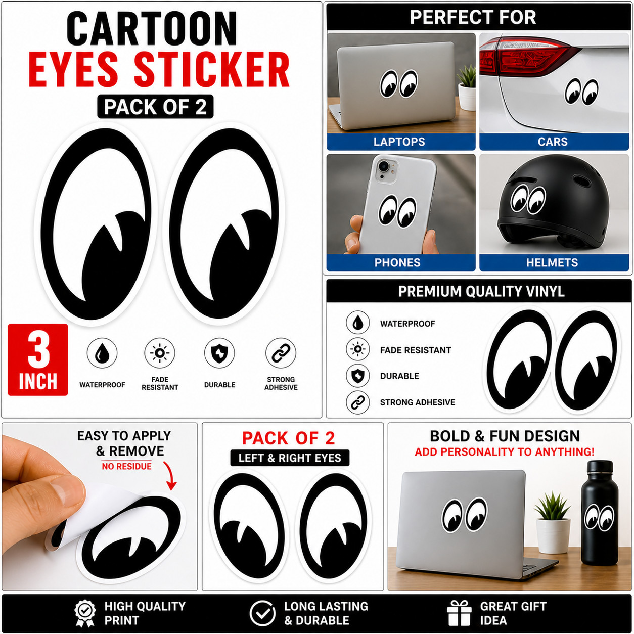 Funny Cartoon Eyes Stickers (2 Pack) 3” Vinyl Waterproof Decal