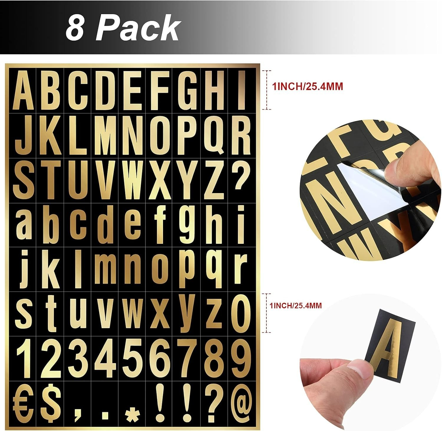 8 Sheets Gold-on-Black Vinyl Number Stickers 1 inch for Mailbox, Door, Car Home