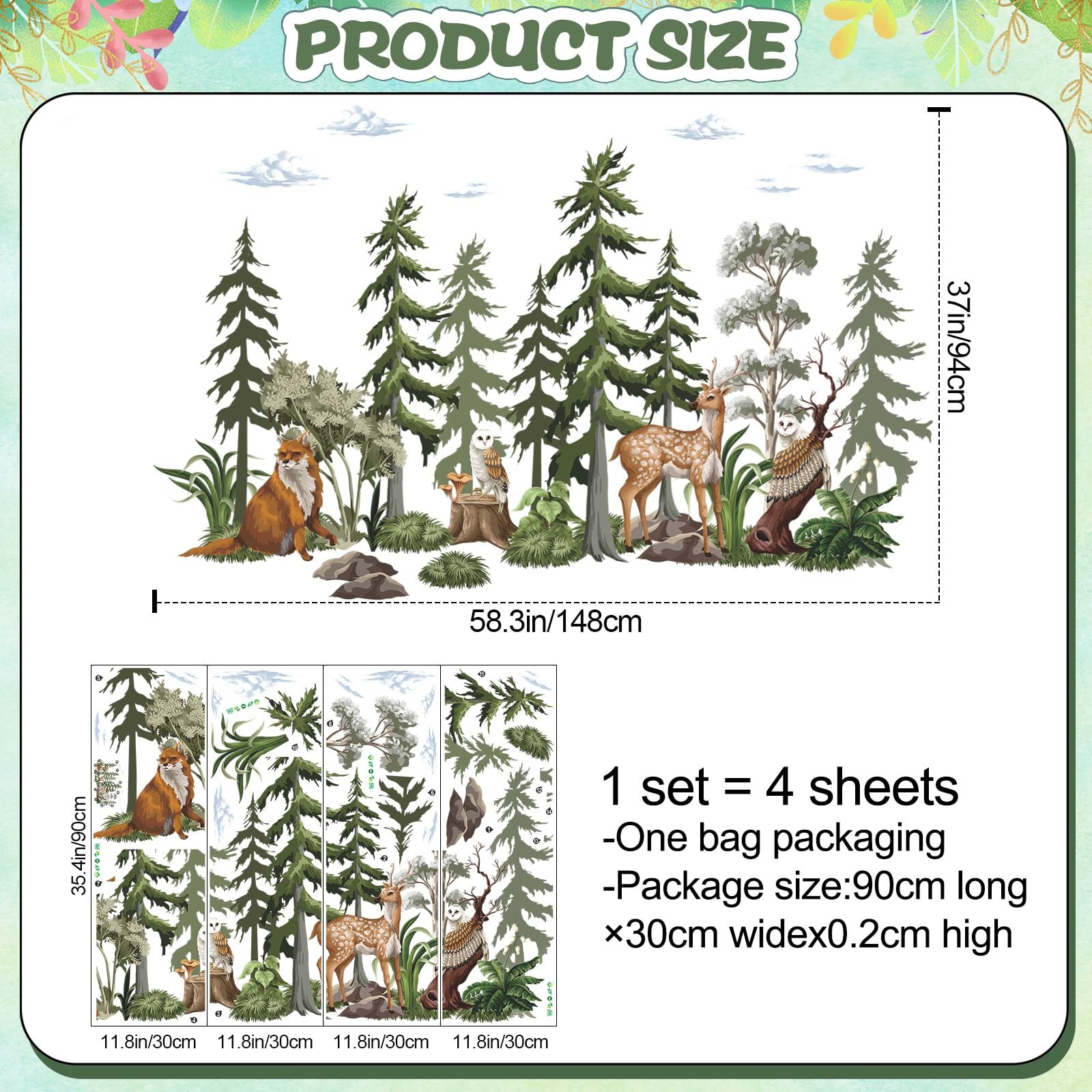 37×58.3 Inch Large Mountain Forest Tree Wall Decals Removable Woodland Animal…