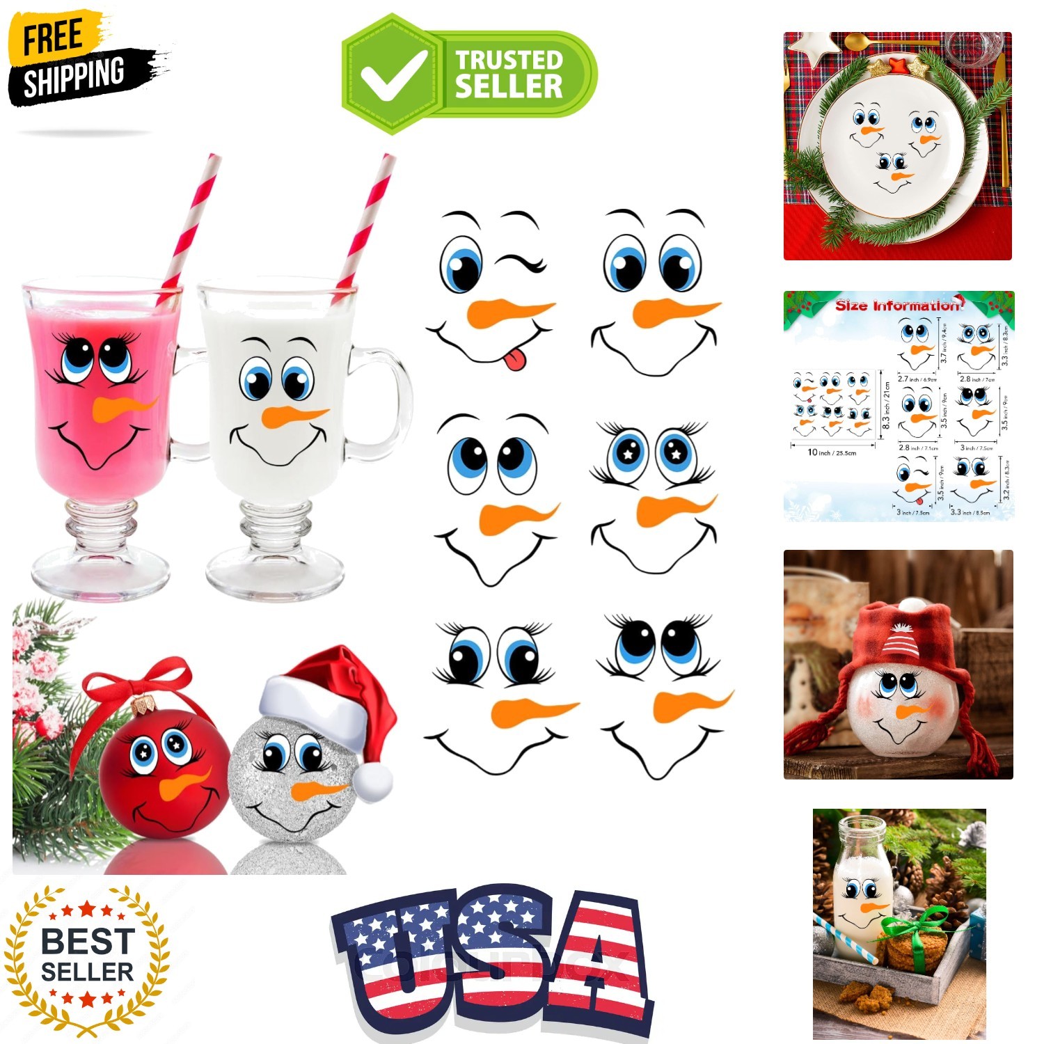 24 PCS Snowman Face Stickers for Christmas Ornaments, Cartoon Decals for Chri…