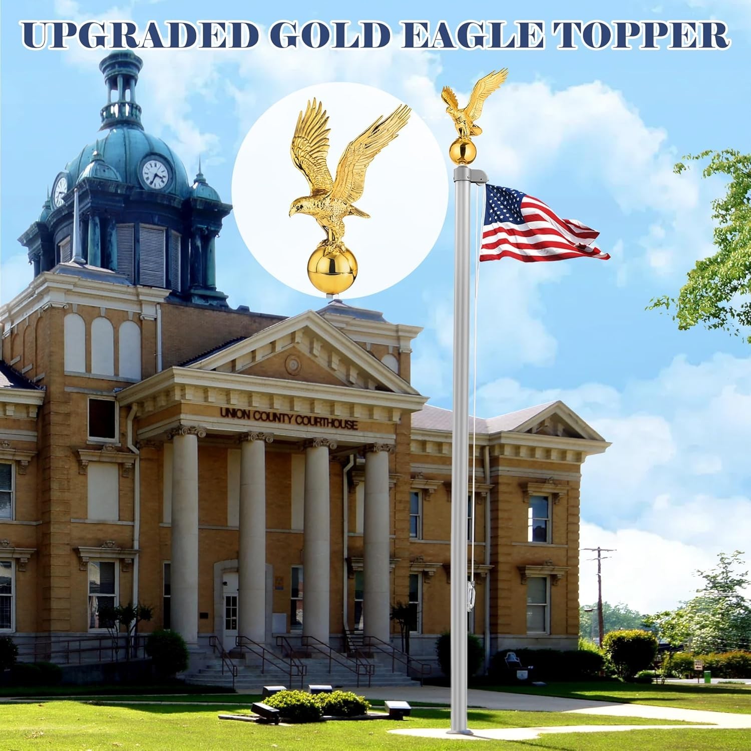 Gold Flag Pole Eagle Topper 11″, Gold Ball Topper 3″,1/2″-13 Threaded Screw w/He