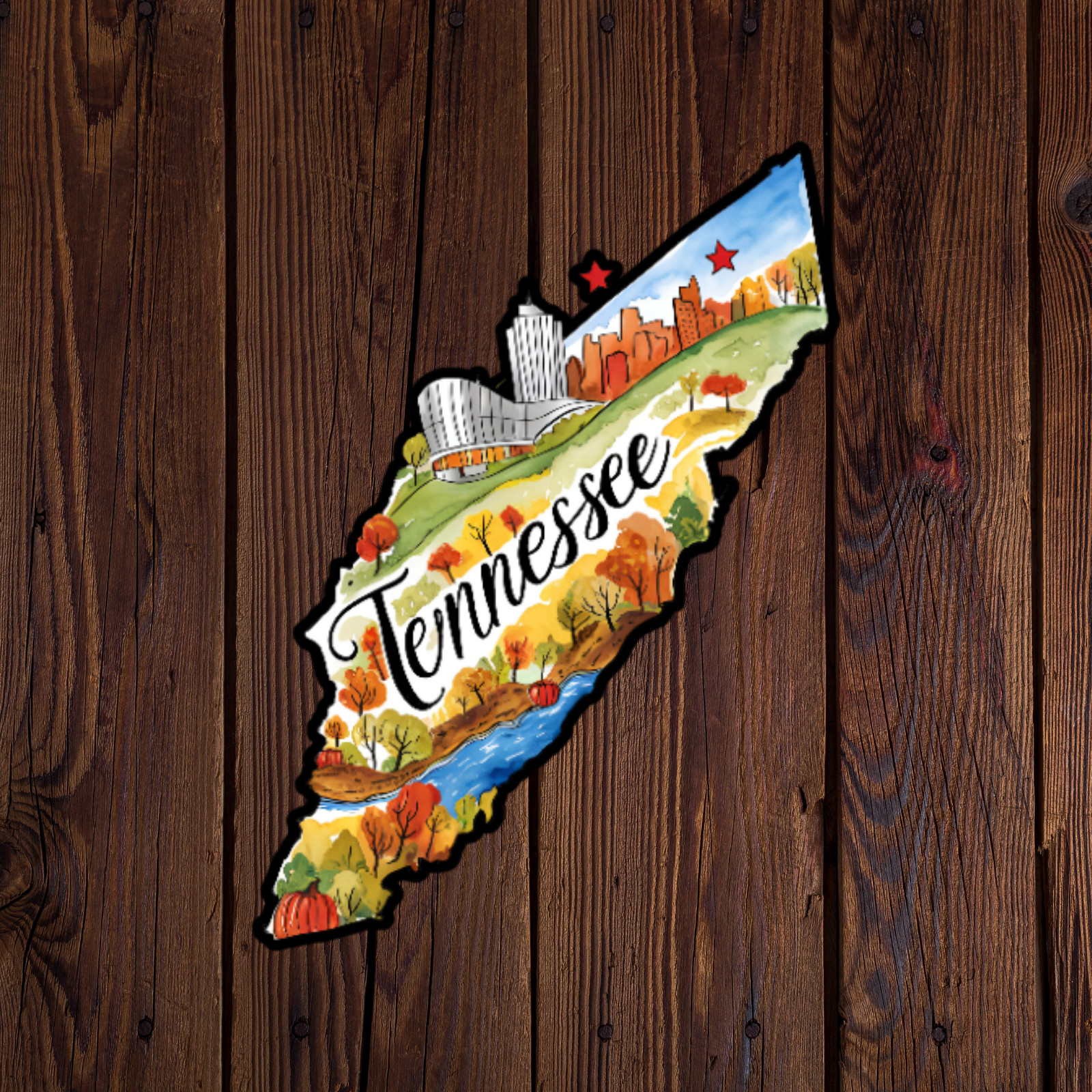 Tennessee Sticker Vinyl Decal State Shape Scenic River Mountains Fall Colors