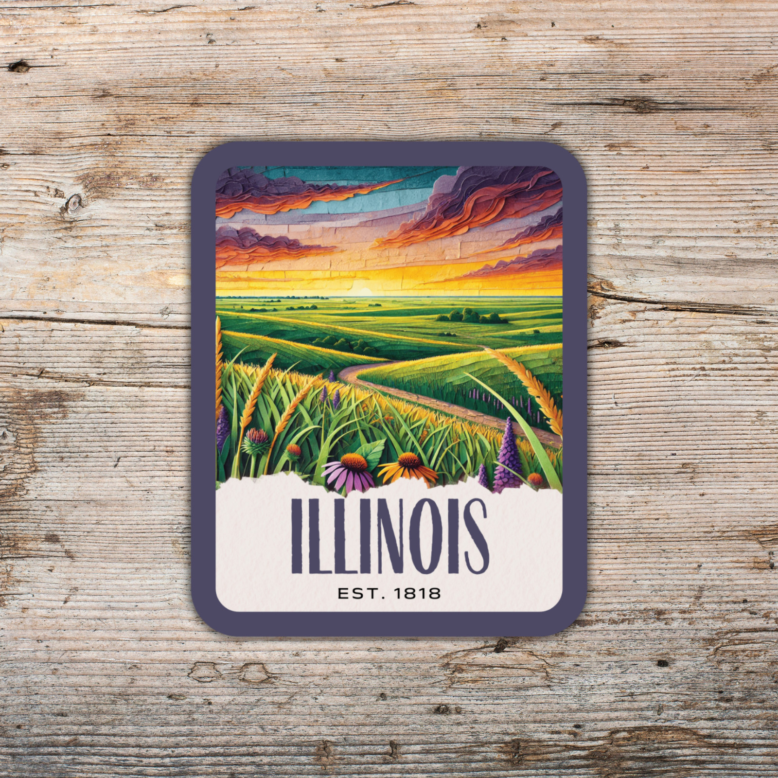 Illinois State Sticker, Paper Collage Look, Midwest Great Plains Vinyl Decal