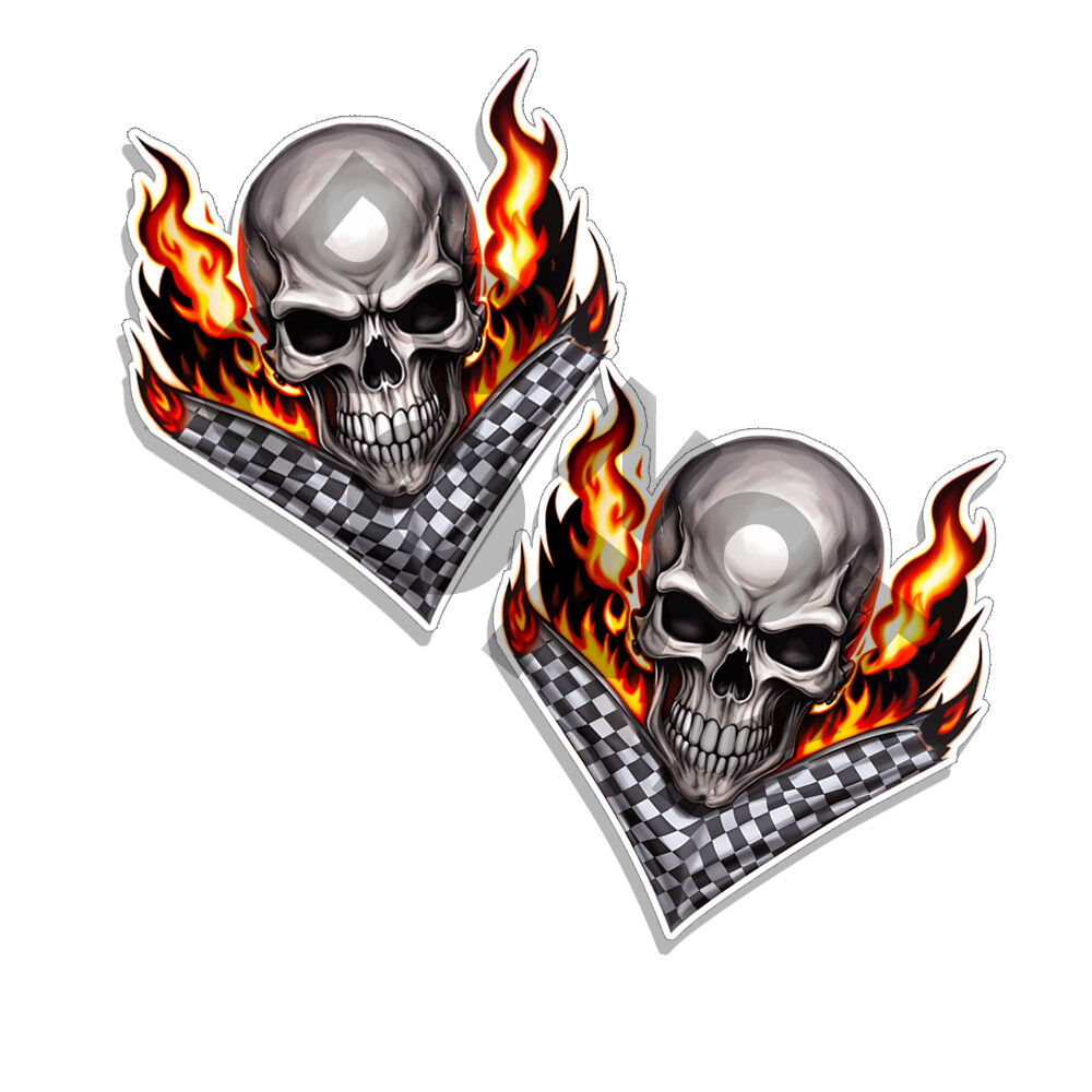 Racing Skull Checkered Flag Tattoo Art Metal Rock Punk Decal Rat Rod C37023 2pk