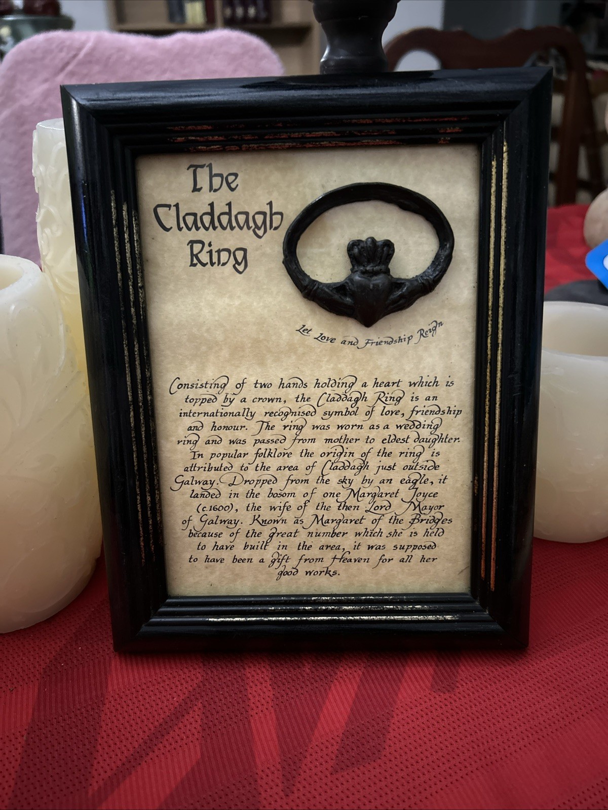 Irish Claddagh Ring Wall Hanging or standing Framed, History of Ring