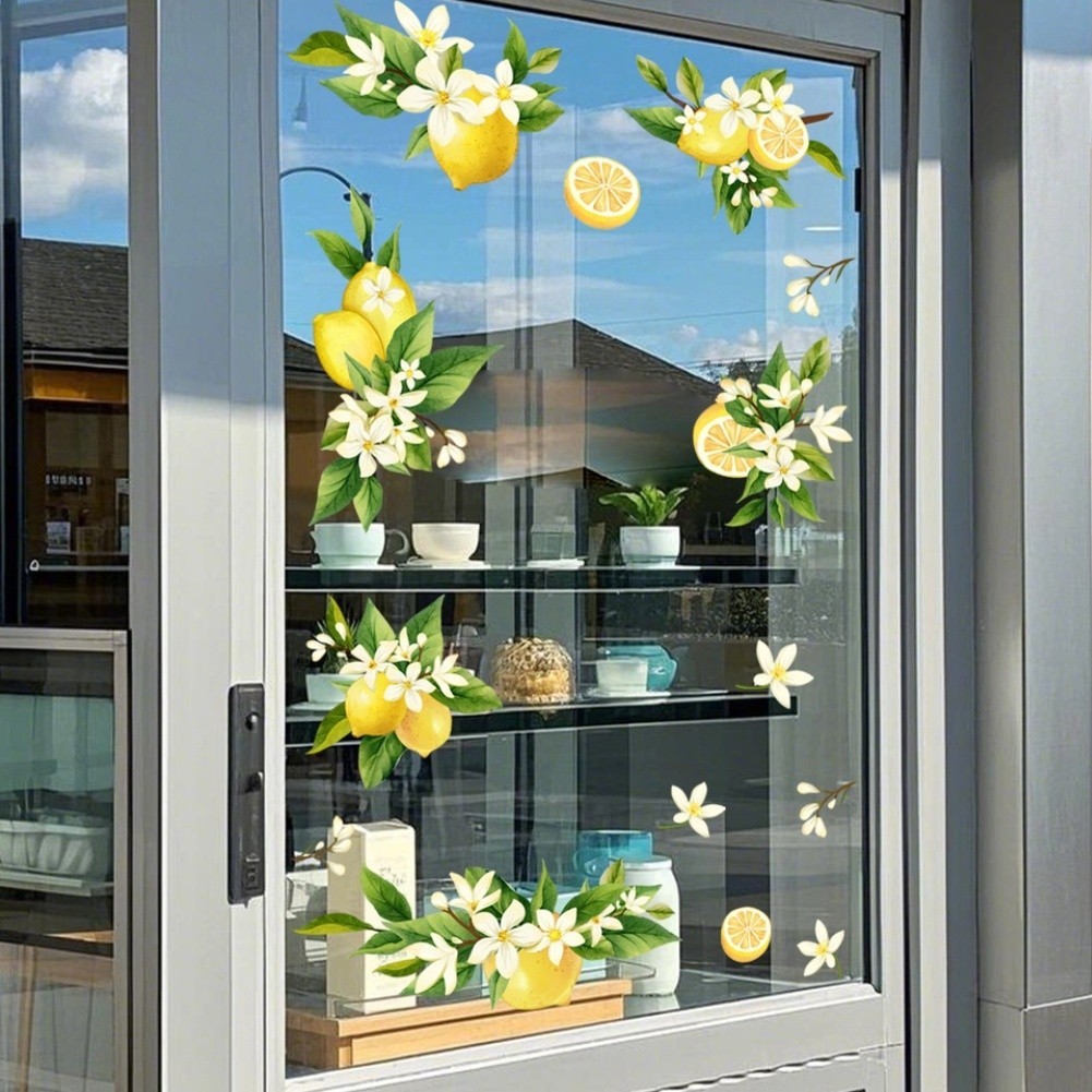 Yellow PVC Static Cling Window Decal Lemon Floral Art Design 11.81×23.62in Size