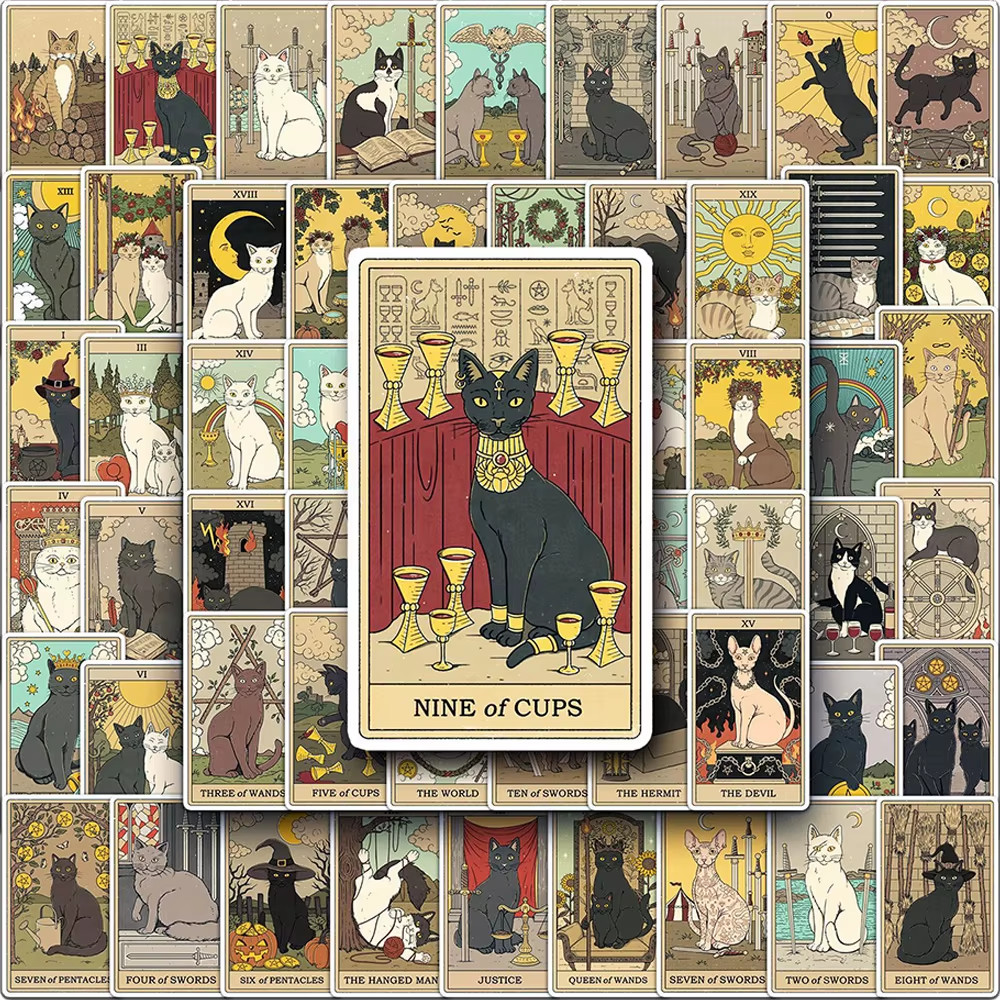 Vintage Cat Tarot Stickers – Funny PVC Decals for DIY Decor & Gifts (10-78PCS)