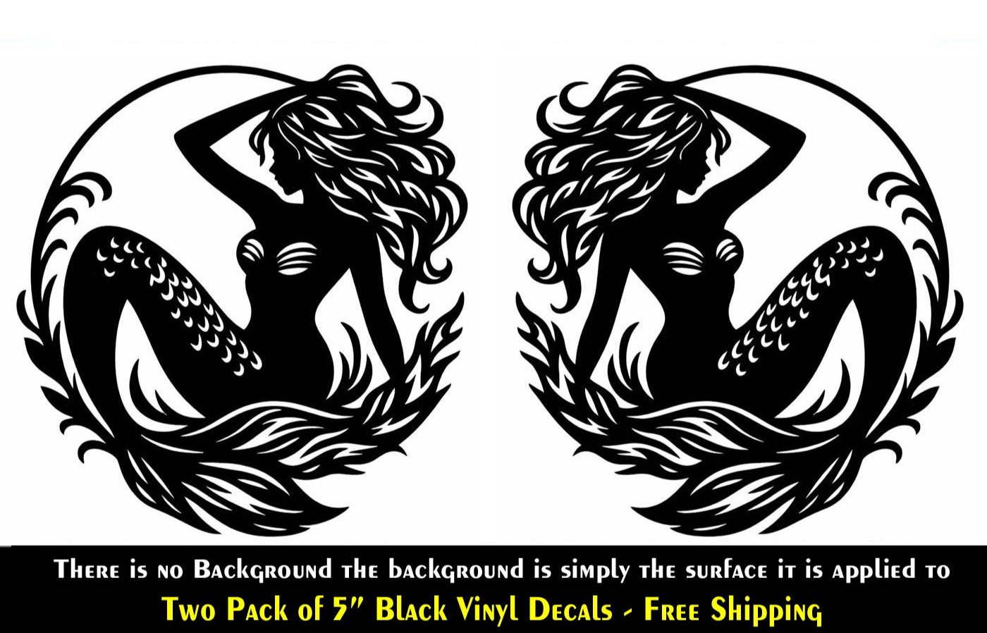 Mermaid Graphic Two Pack 5″ Black Vinyl Decals Car Door Any Flat Surface