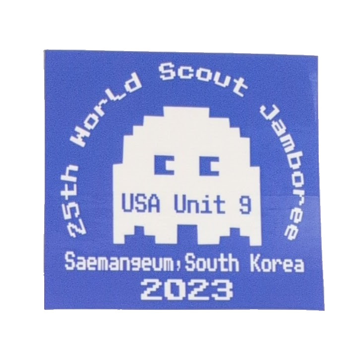 2023 World Scout Jamboree USA Unit 9 Single Sticker White Ghost on Blue Square