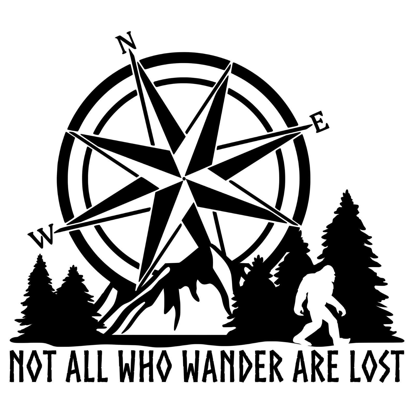 Not All Who Wander Are Lost Compass Mountains Bigfoot V4 Decal Sticker Sasquatch