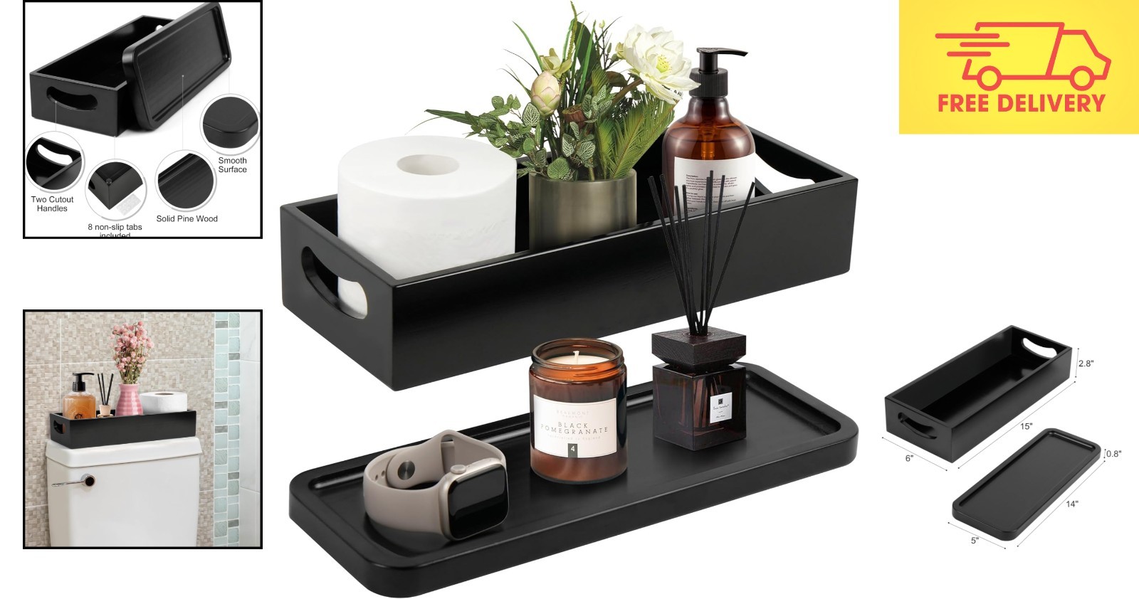 Set of 2 Black Wooden Bathroom Decor Box & Vanity Tray for Organizing Essentials