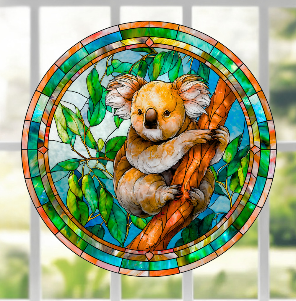 Koala Bear Faux Stained-Glass WINDOW CLING Size 8″ Round Repositionable Vinyl