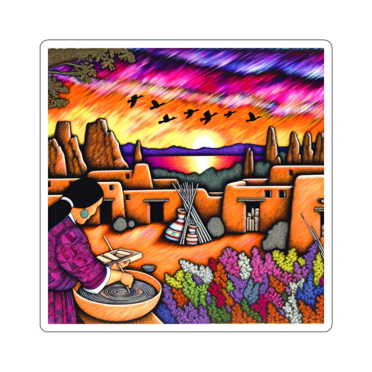 Sticker Southwestern Art Pueblo Pottery Sunset Scene 2×2 3×3 4×4 6×6