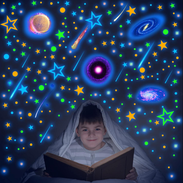 495 Pcs Glow in The Dark Moons and Stars Wall Decals for Ceiling,Glowing Planets