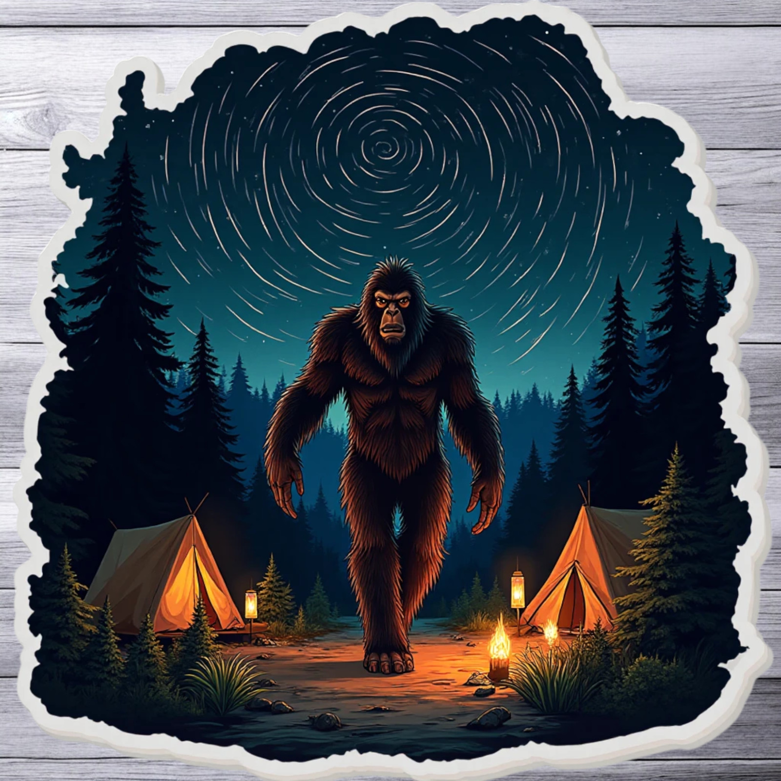 Bigfoot sticker vinyl decal sasquatch campfire forest camping night retro art