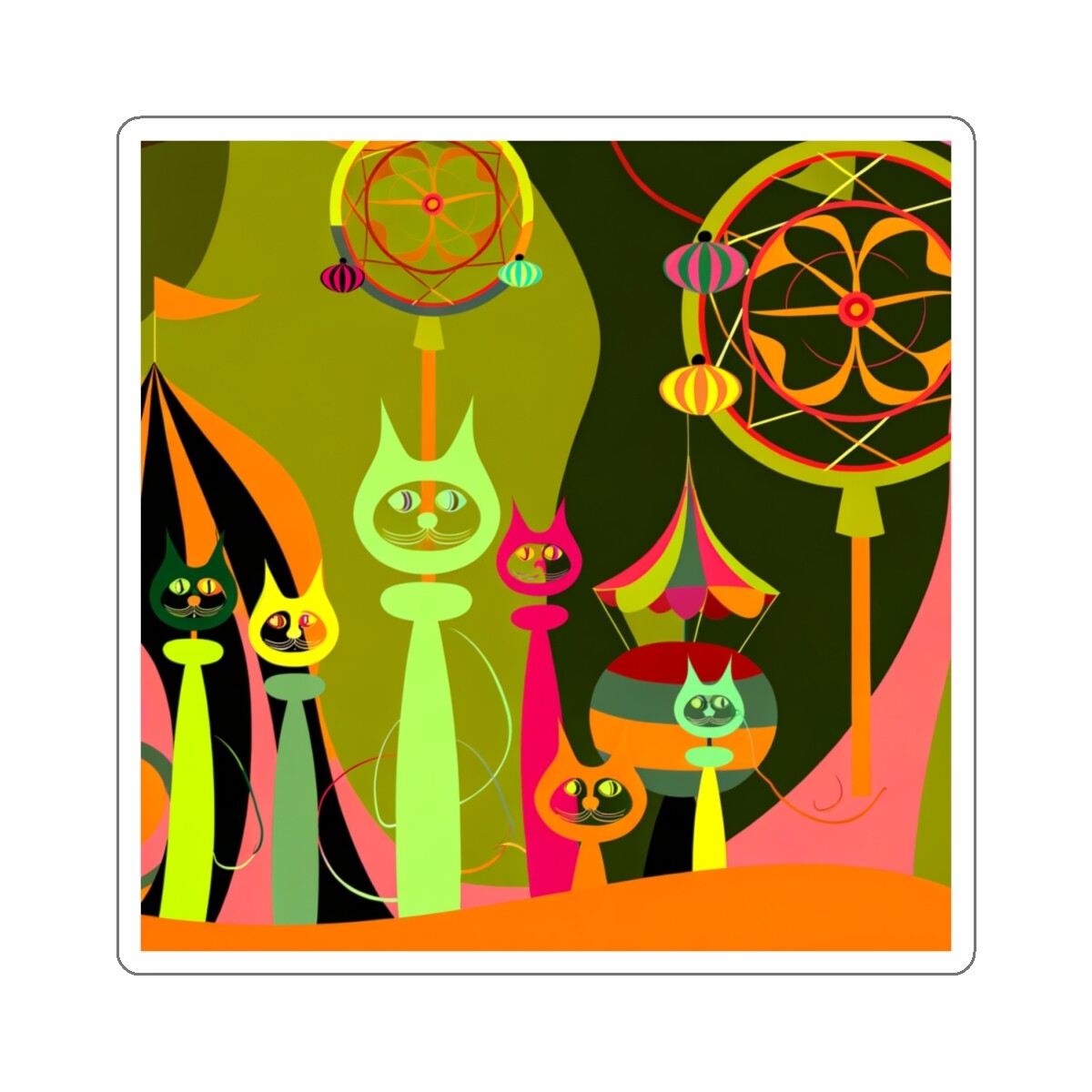 Sticker Mid Century Modern Cats at the Carnival Abstract Art 2×2″ 3×3″ 4×4″ 6×6″