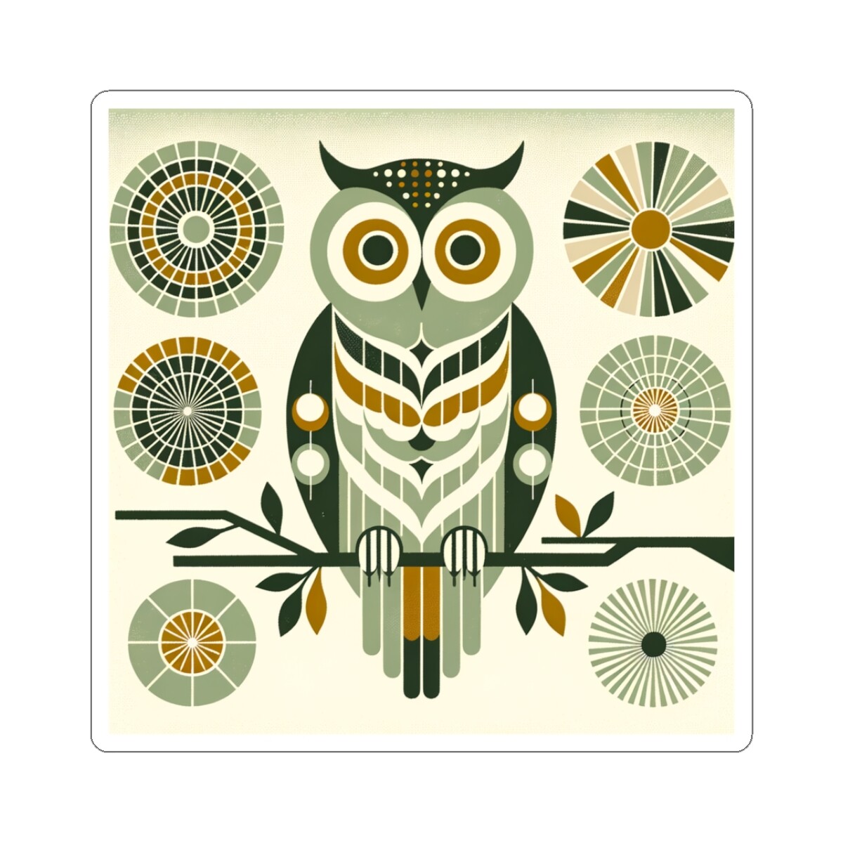 Sticker Title Mid Century Starburst Owl Retro Design 2×2 3×3 4×4 6×6