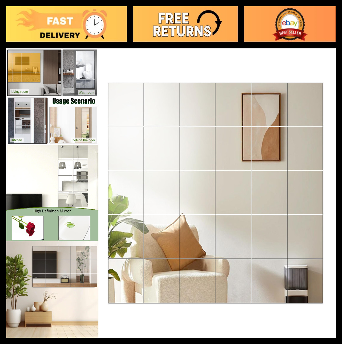 30 Self Adhesive Acrylic Mirror Sheets 6×6″ Flexible Wall Decor Tiles, Removable