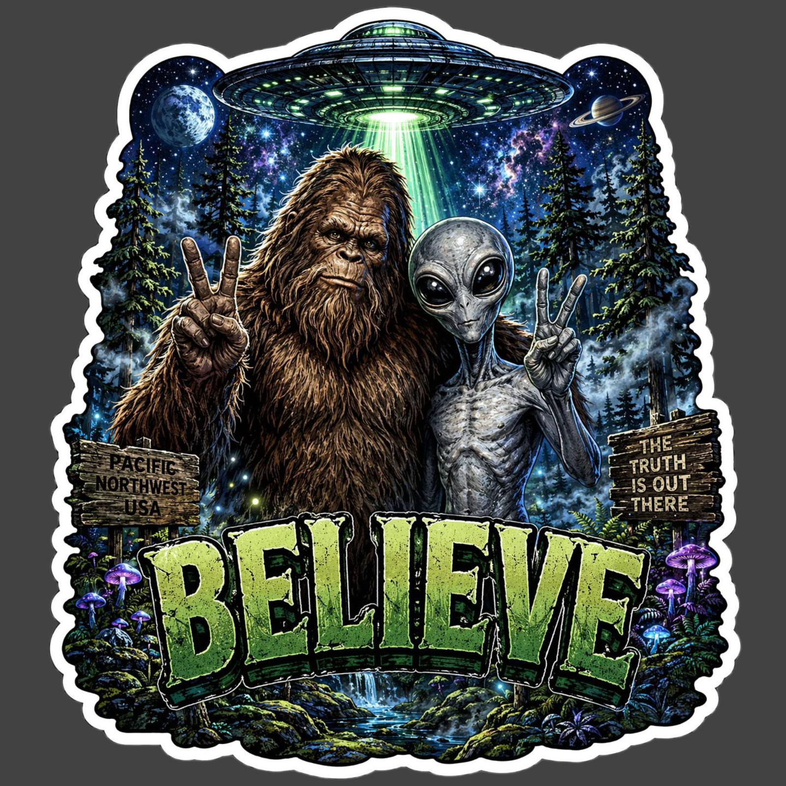 Bigfoot Sticker Vinyl Decal Believe Alien UFO Sasquatch Forest Mystery Art