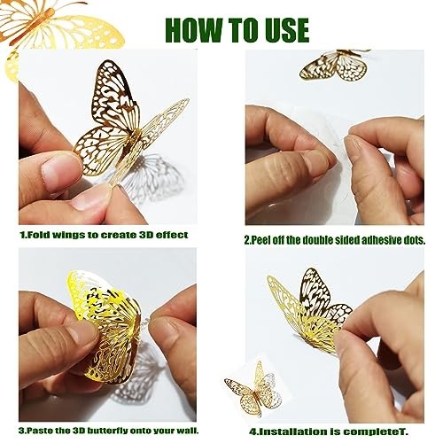 3D Butterfly Wall Decor 48 Pcs 4 Styles 3 Sizes, Gold Butterfly Decoration for B