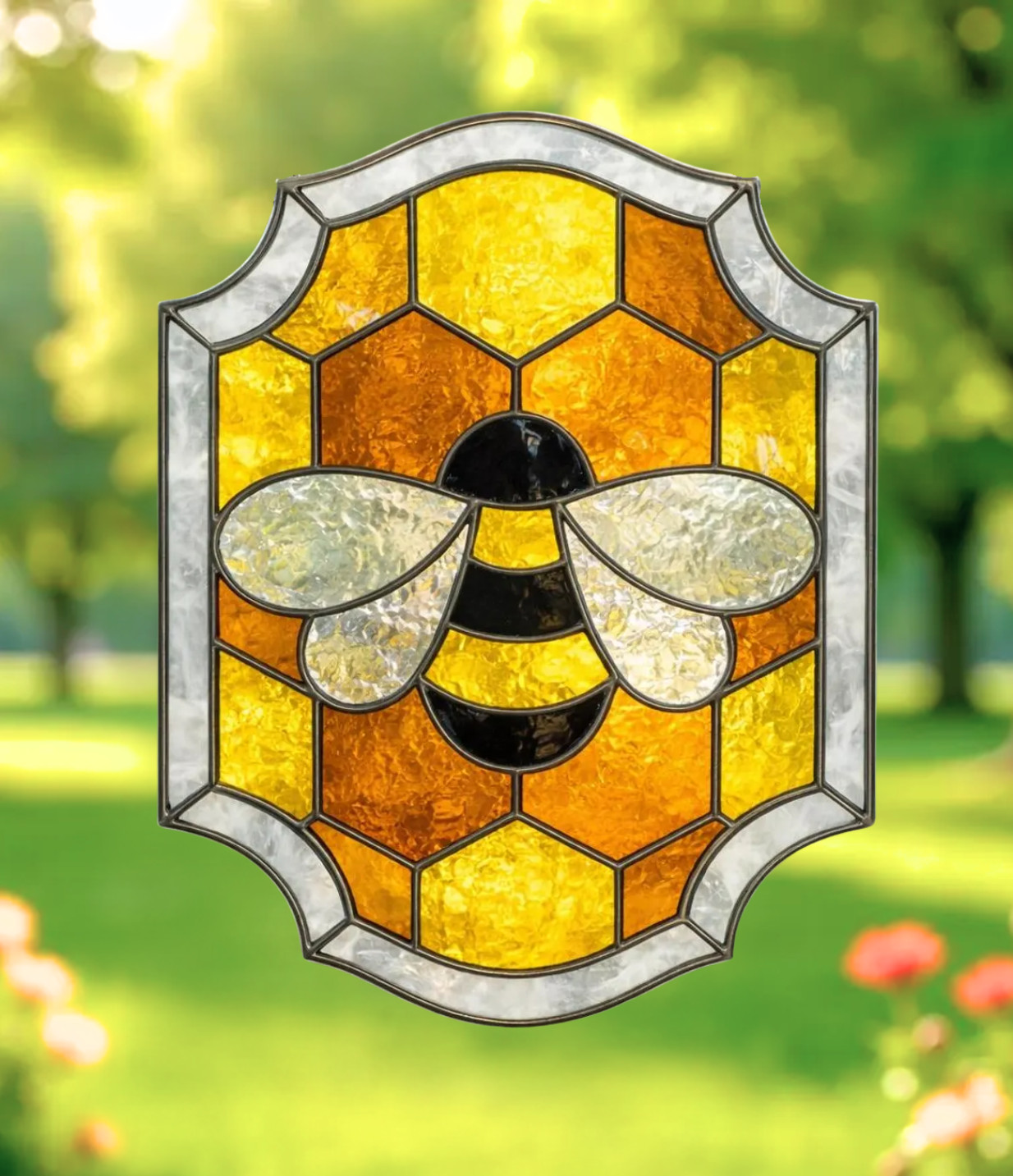 Bee Honeycomb Faux Stained-Glass WINDOW CLING Size 10.2″ Vinyl