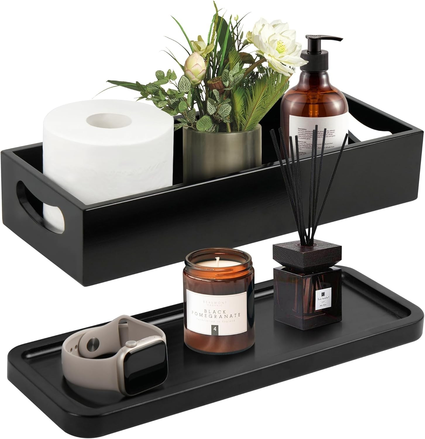 Set of 2 Black Wooden Bathroom Decor Box & Vanity Tray for Organizing Essentials