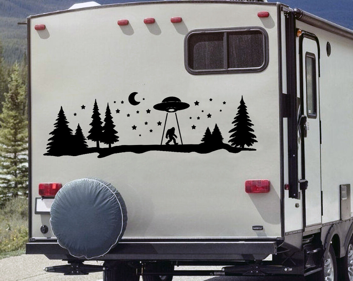 Bigfoot UFO Moon Stars Vinyl Decal – Camping RV Sasquatch Scene – Sticker