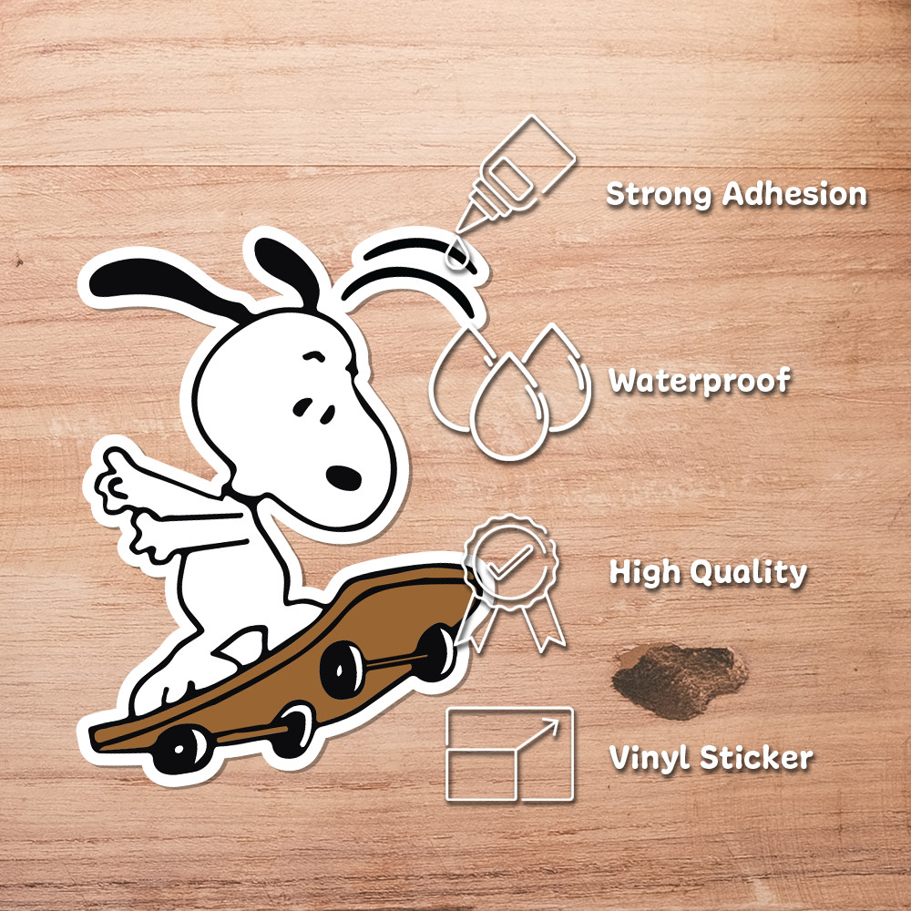Peanuts Snoopy playing with a skateboard, cute and fun sticker 4″W x 4.5″H