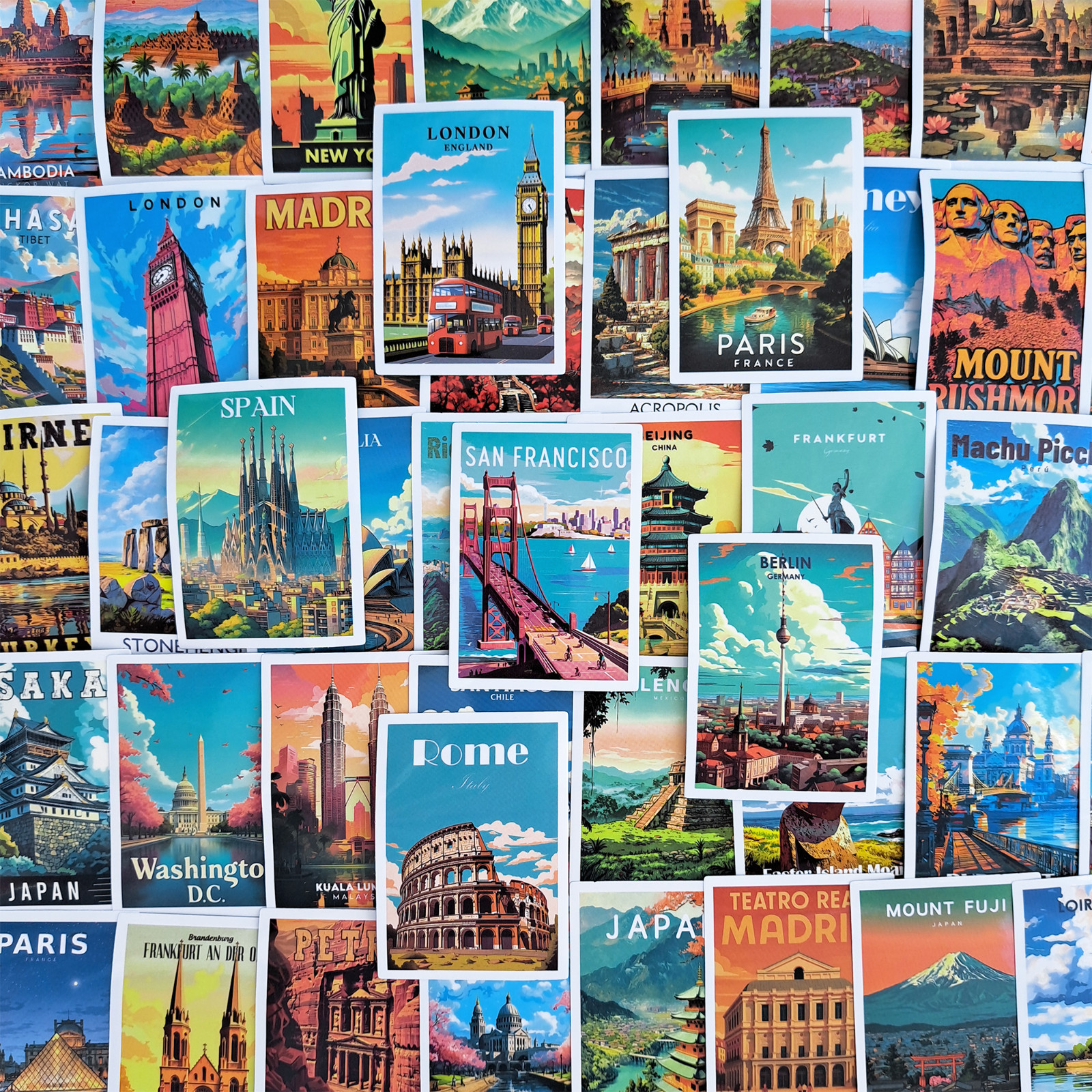 50 PCS World Travel Sticker Pack Famous Landmark City Postcard Wanderlust