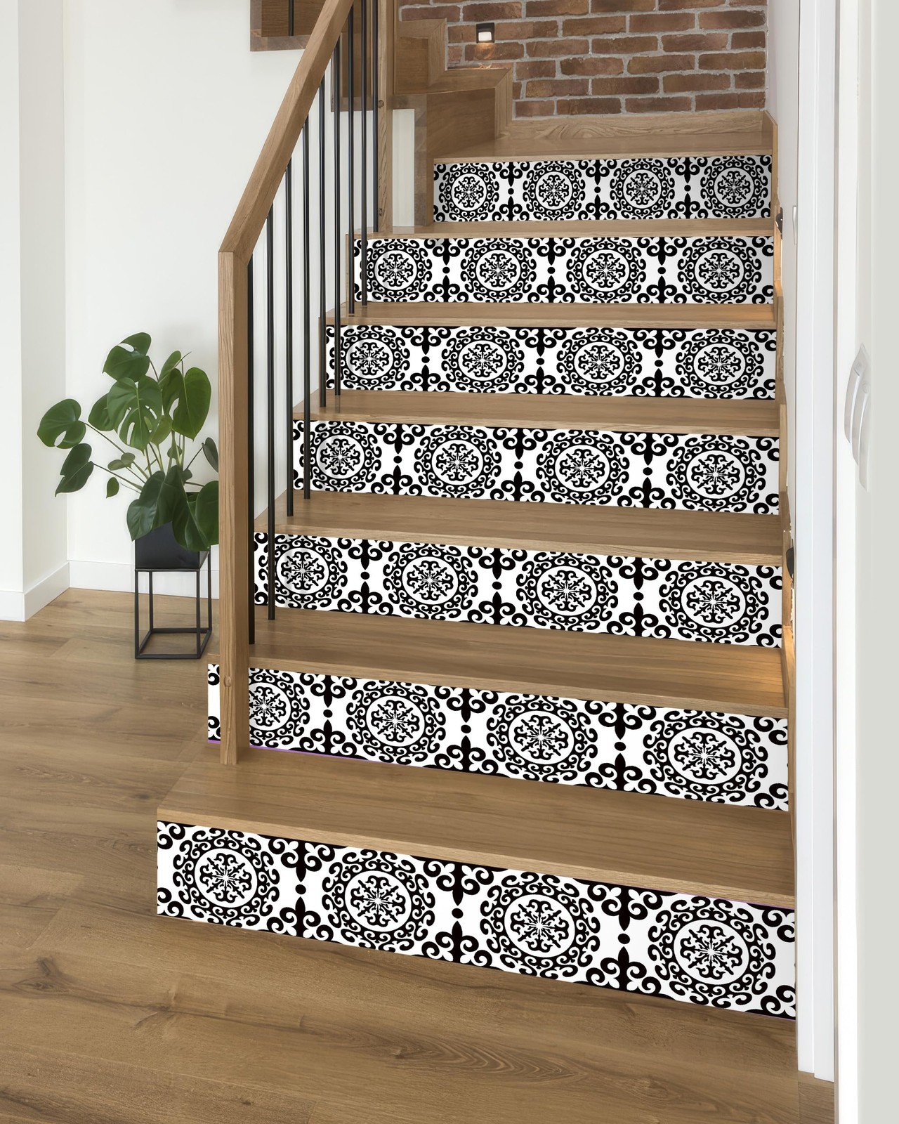 Decorative Stair Riser Decals, Classical Black and White Damask Pattern, -Adh…
