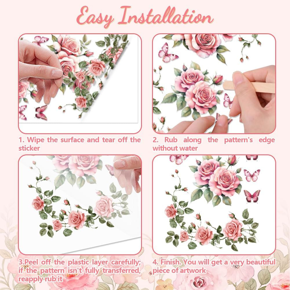 Rub on Transfer Sticker for Furniture Crafts Decor 6″X12″ Pink Rose Vine, 3Pcs W