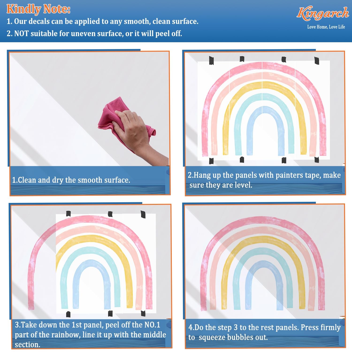 Kingarch Large Watercolor Rainbow Wall Decals, Colorful Peel and Stick Fabric…